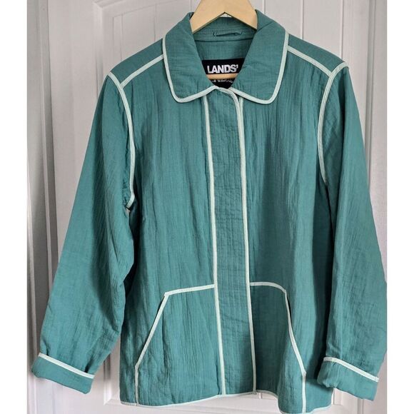 Lands End Women's Size Large Gauze Textured Cotton Jacket Teal Shadow - Picture 1 of 7